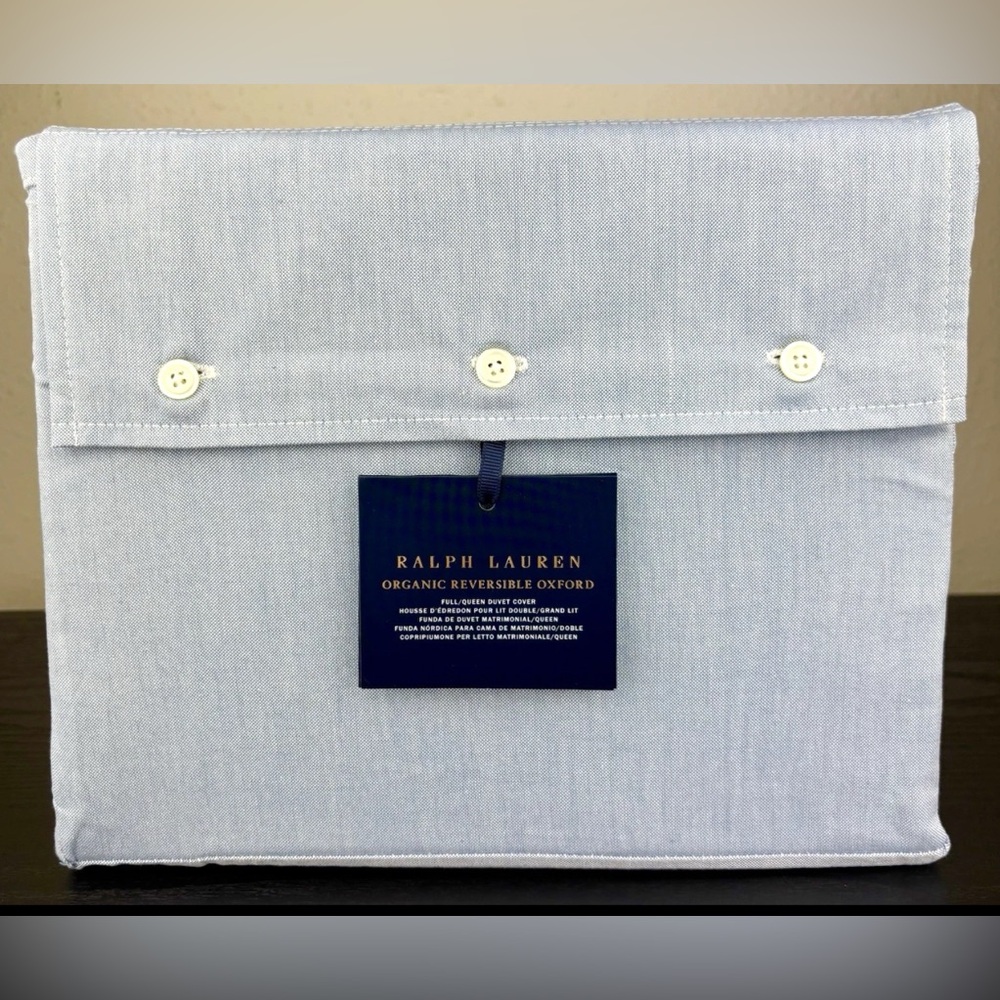Ralph Lauren QUEEN Organic Reversible Oxford Duvet Cover White Navy Cotton
